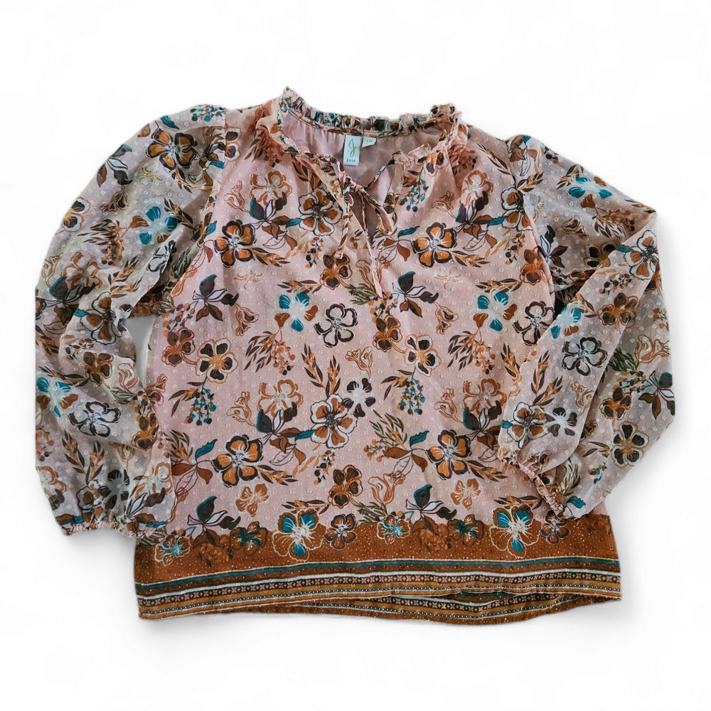 Joie Size Large Peach Floral Sheer Lined Ruffle Long Sleeve Lightweight Blouse